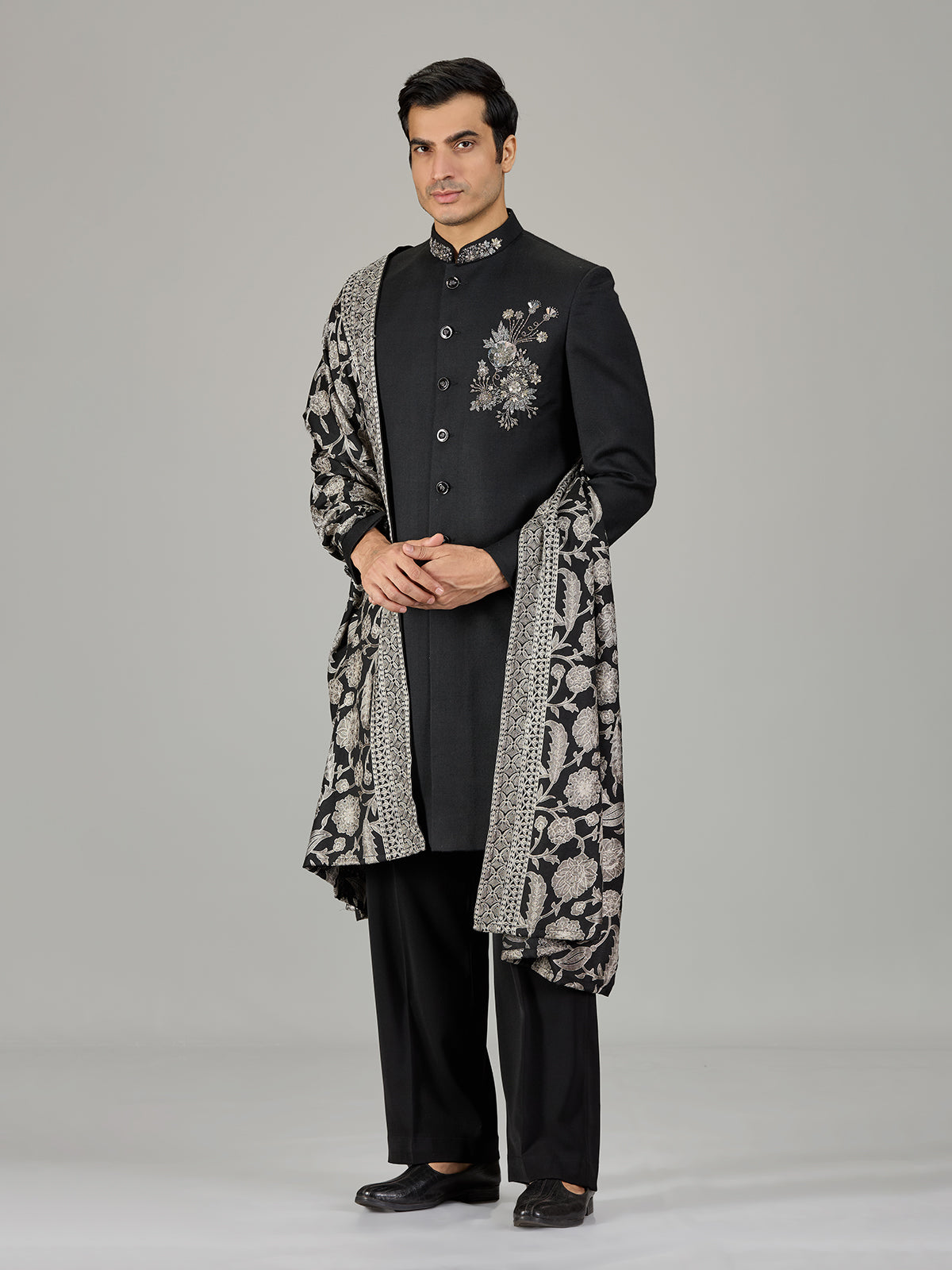 Black floral bouquet dupatta men indo western