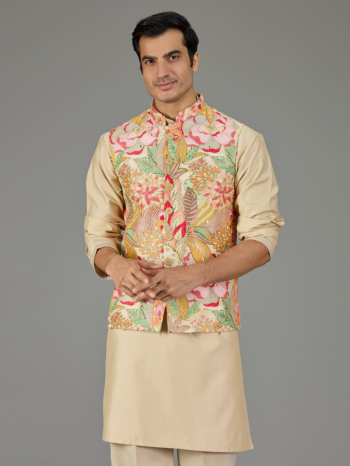 Beige printed floral men waistcoat set