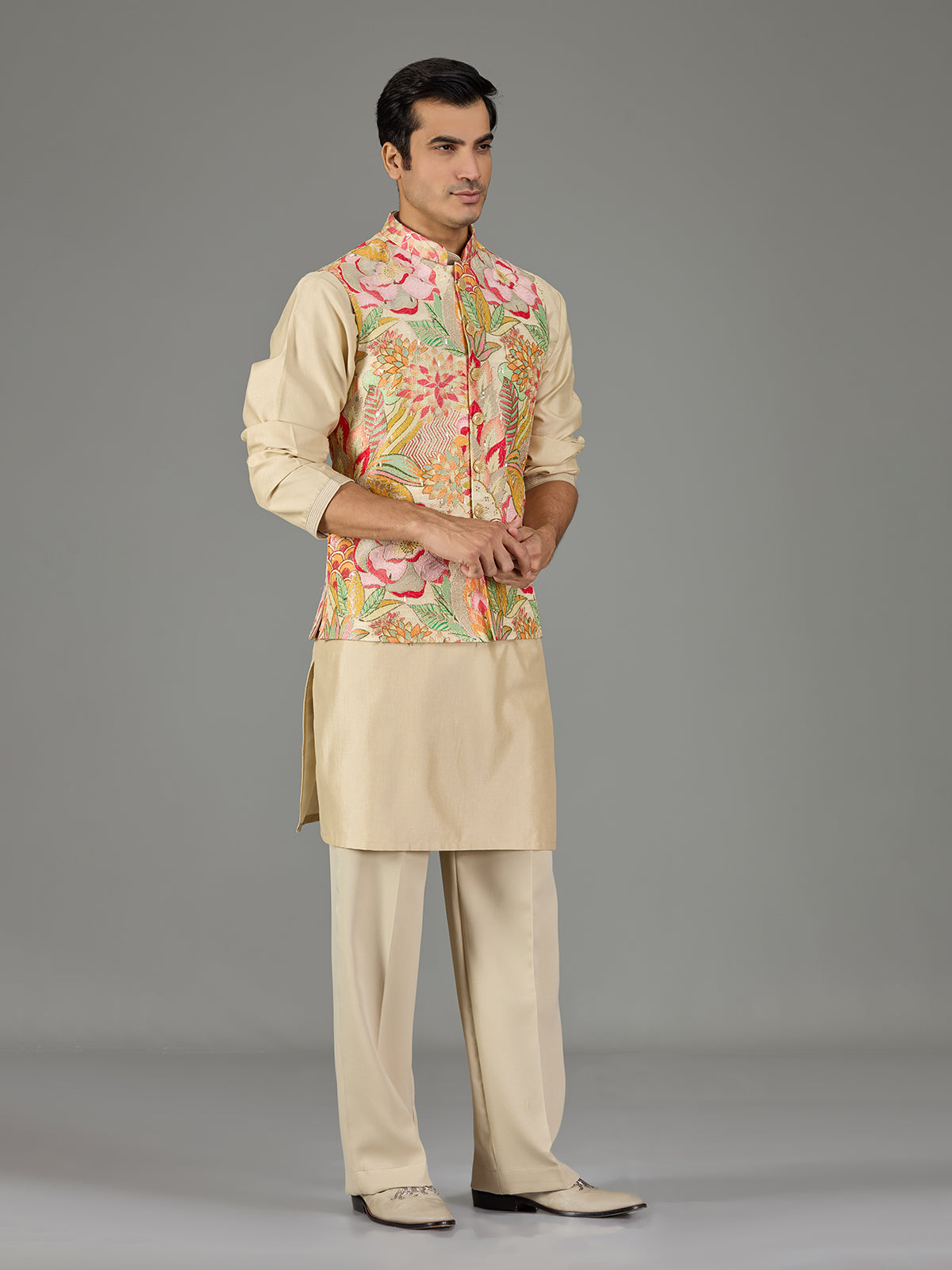 Beige printed floral men waistcoat set