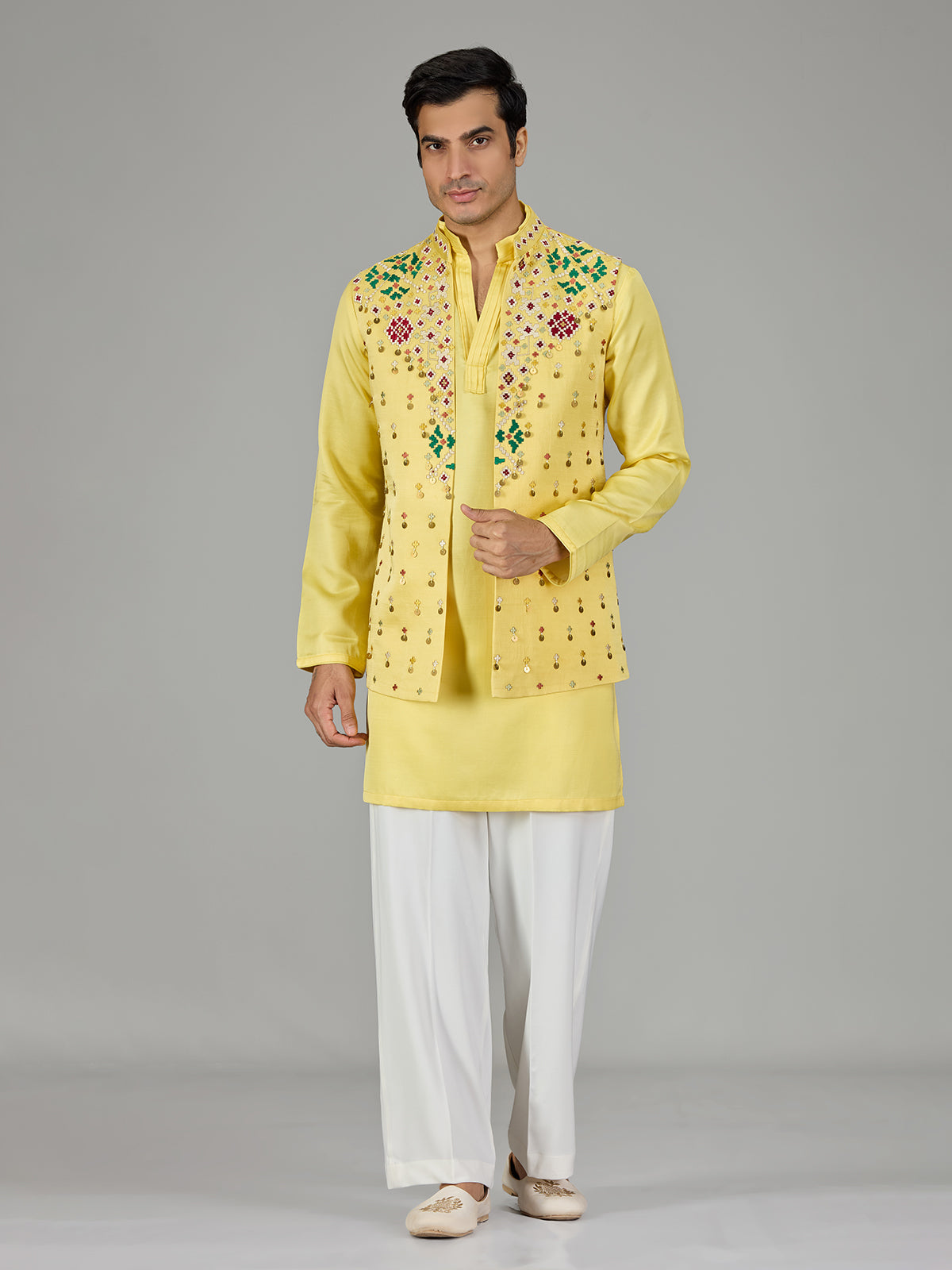 Yellow geometric floral men waistcoat set