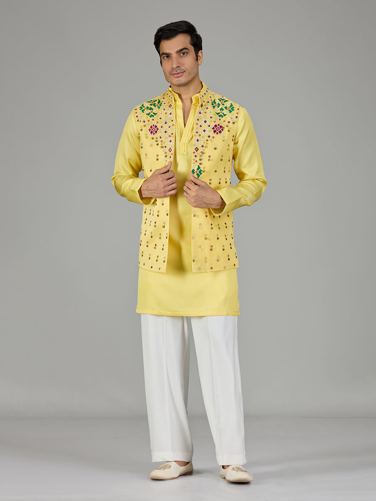 Yellow geometric floral men waistcoat set