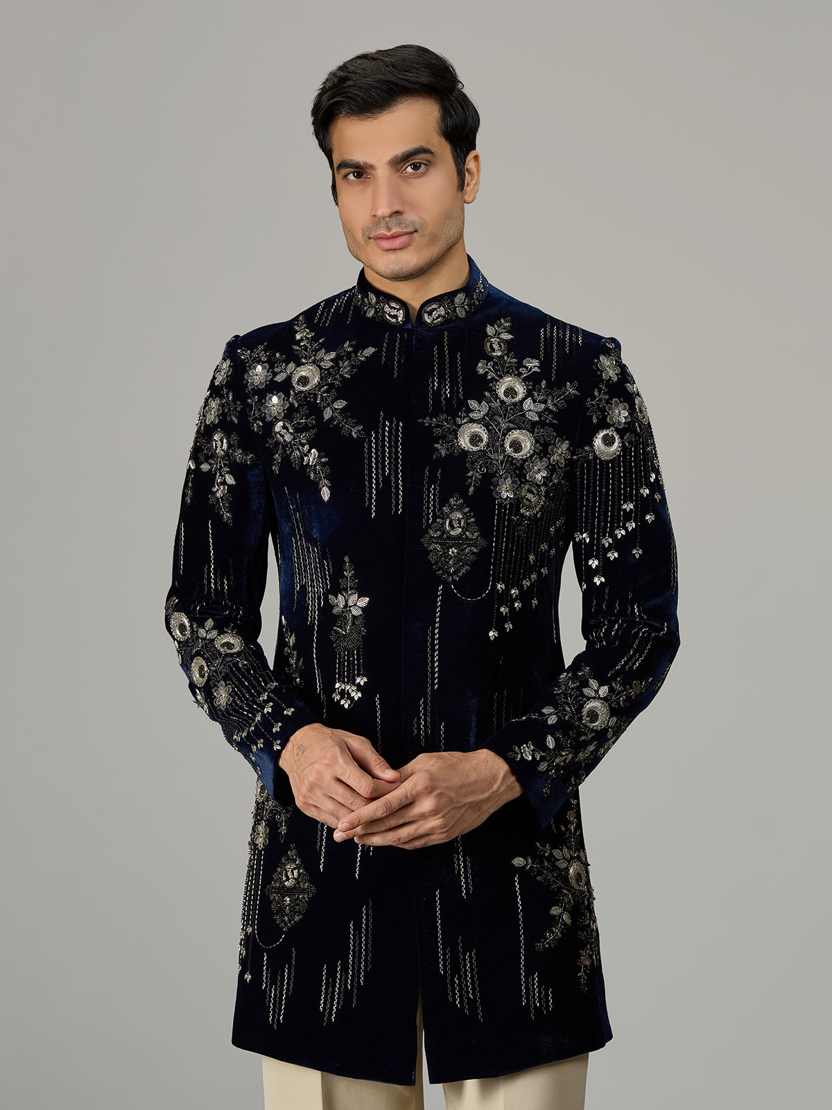 Navy blue floral medallion men indo western