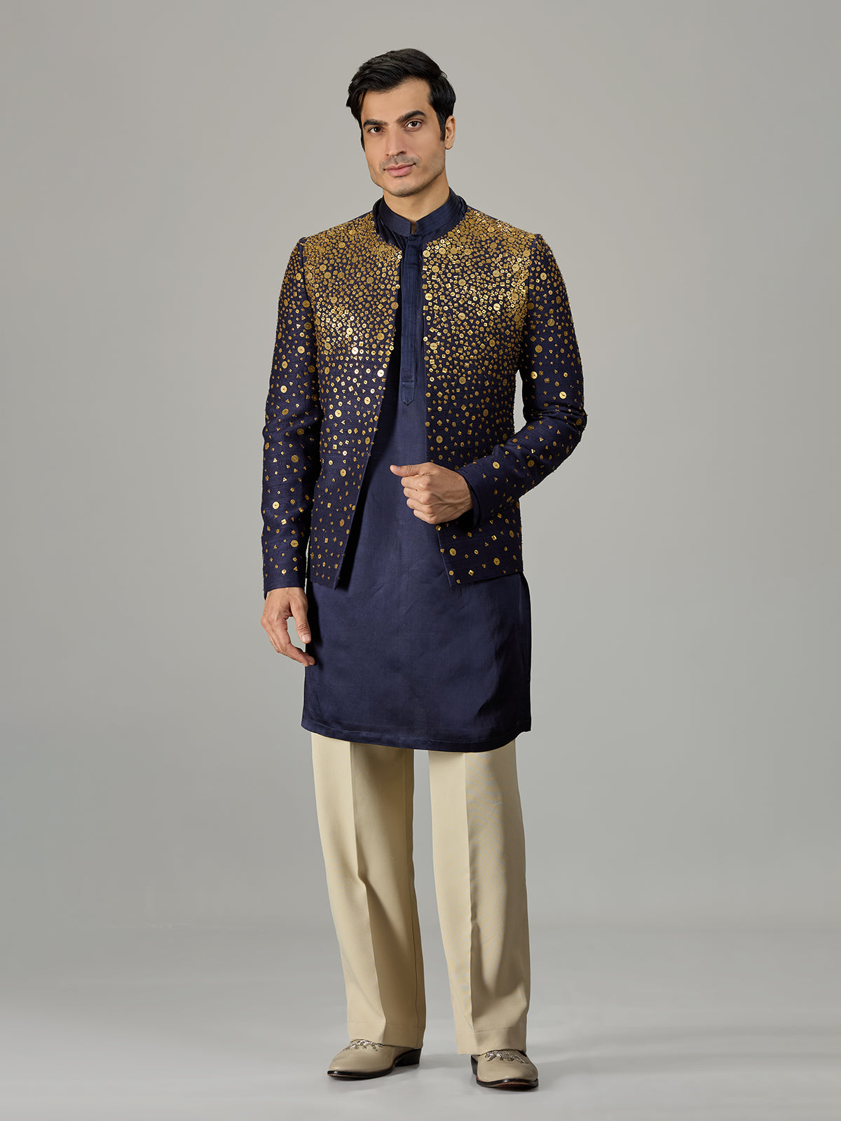 Navy blue metallic jacket men indo western