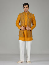 Mustard yellow floral trellis men indo western