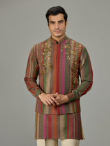 Multicolour striped embroidered men waistcoat set