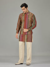 Multicolour striped embroidered men waistcoat set