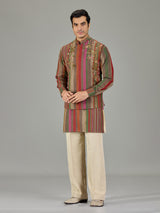 Multicolour striped embroidered men waistcoat set