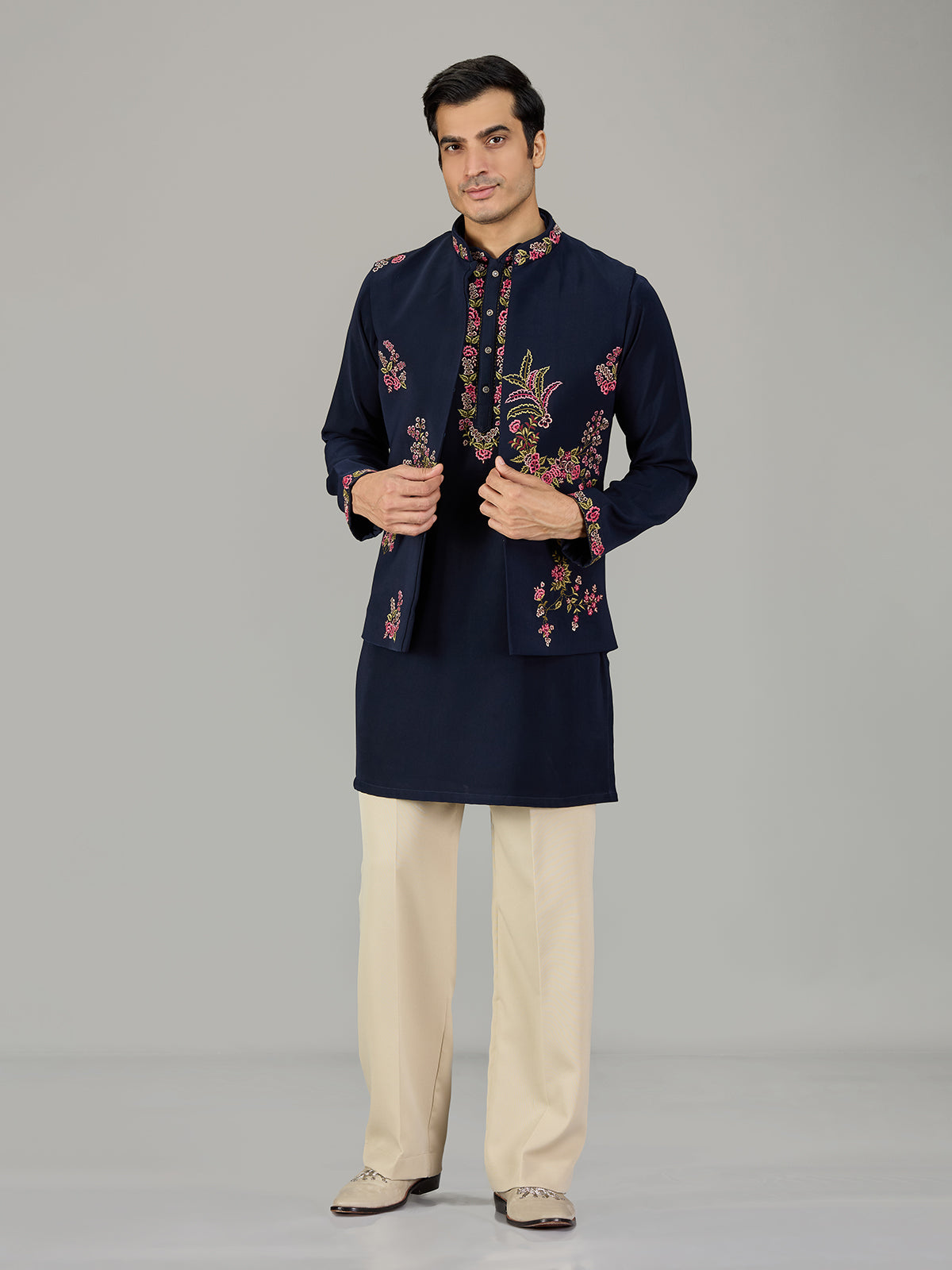 Deep navy botanical embroidered men waistcoat set