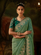 Green stone embellished tissue silk women saree