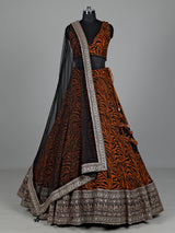 Orange silk lehenga choli with embroidered printed dupatta