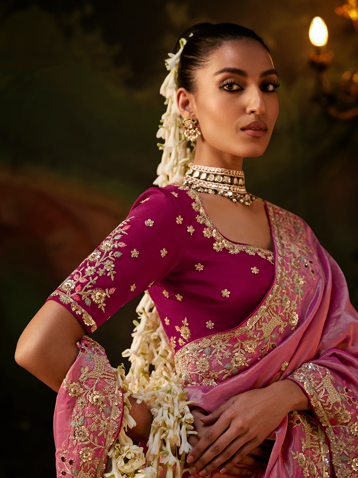Pink zardosi floral tissue silk women saree