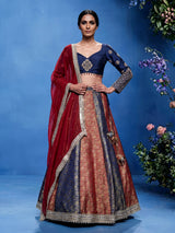 Navy blue brocade lehenga choli with mirror and zari embellishments
