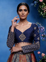 Navy blue brocade lehenga choli with mirror and zari embellishments
