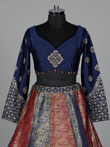 Navy blue brocade lehenga choli with mirror and zari embellishments