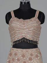 Beige chiffon silk lehenga choli with diamond and tassel detailing