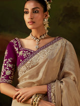 Beige floral zardosi tissue silk women saree