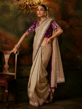 Beige floral zardosi tissue silk women saree