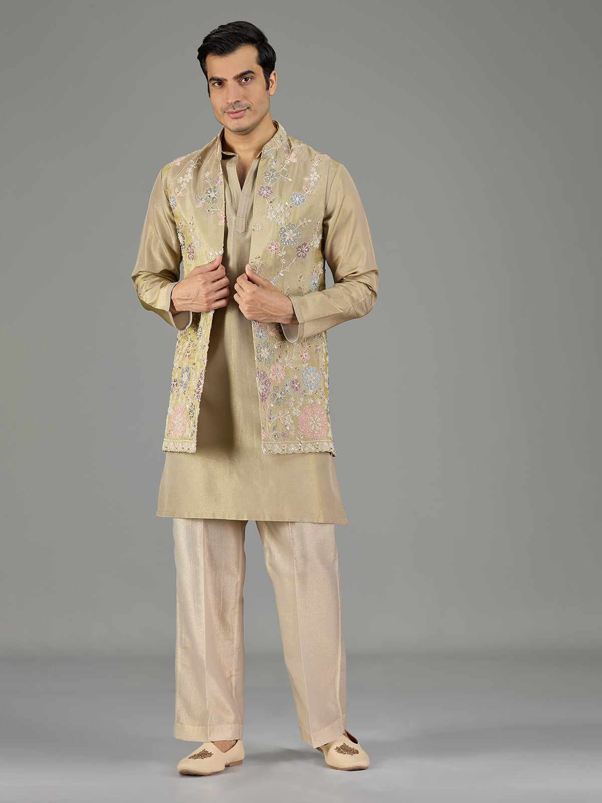 Beige botanical men waistcoat set
