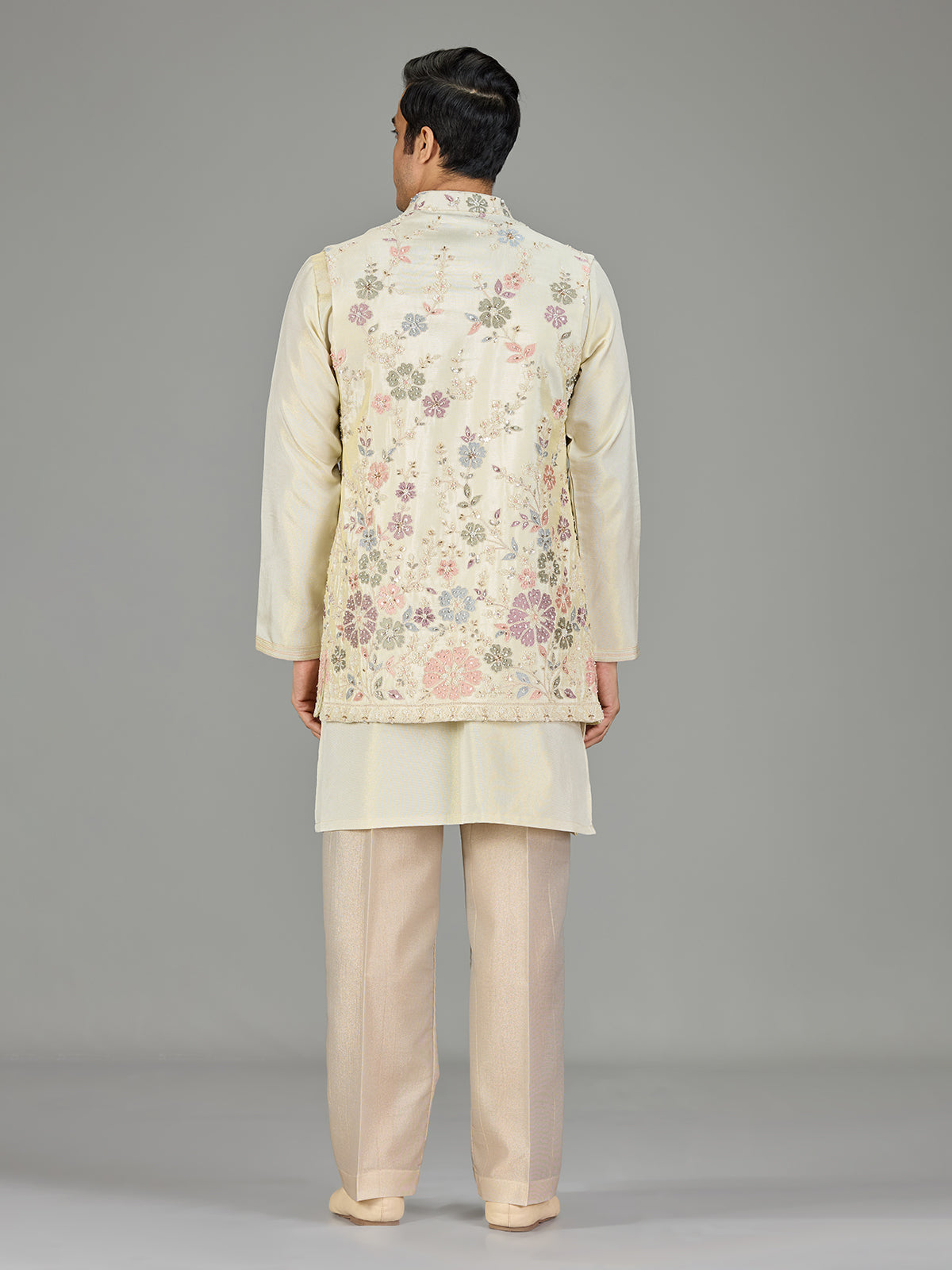 Cream floral embroidered men waistcoat set
