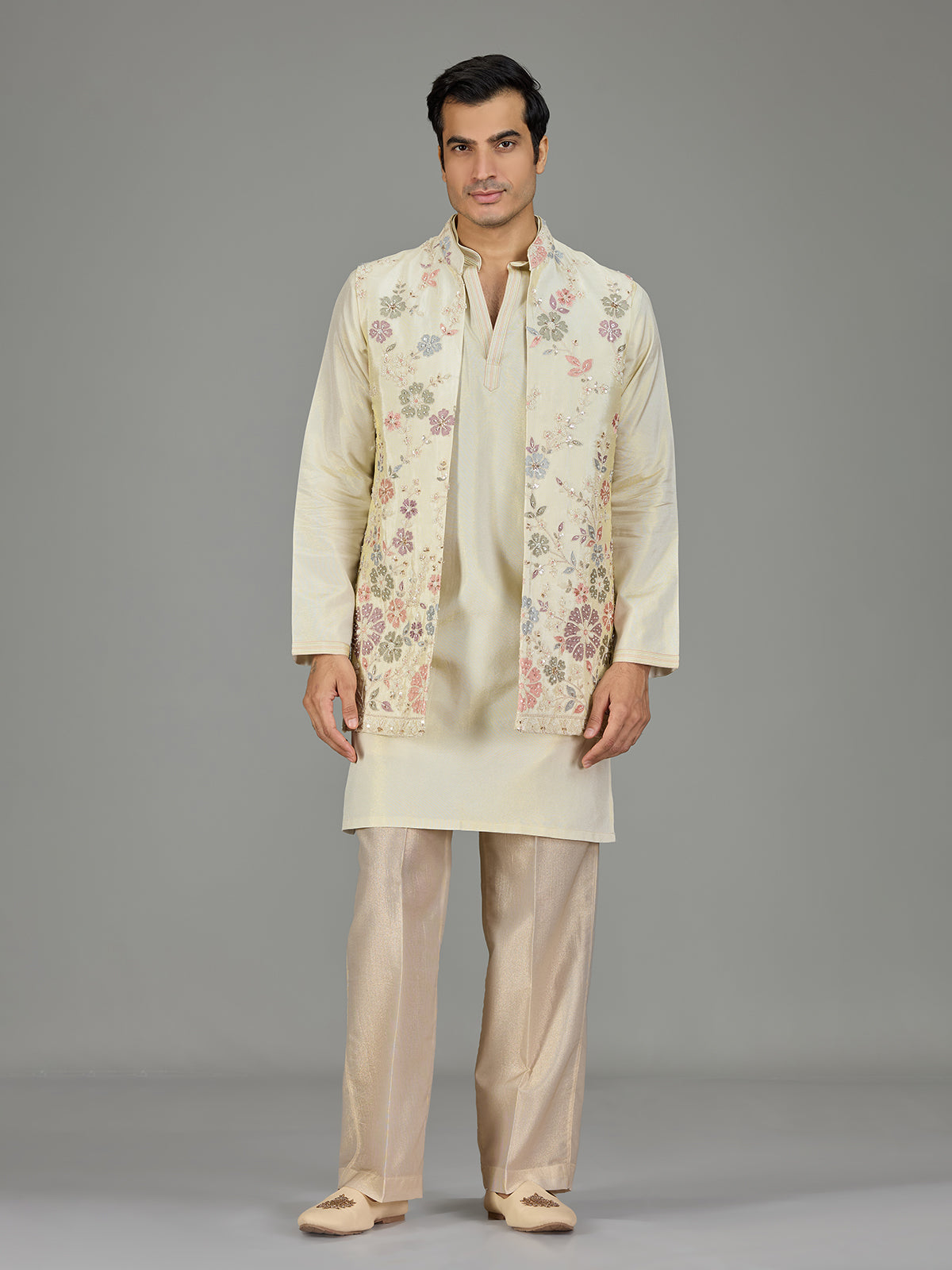 Cream floral embroidered men waistcoat set