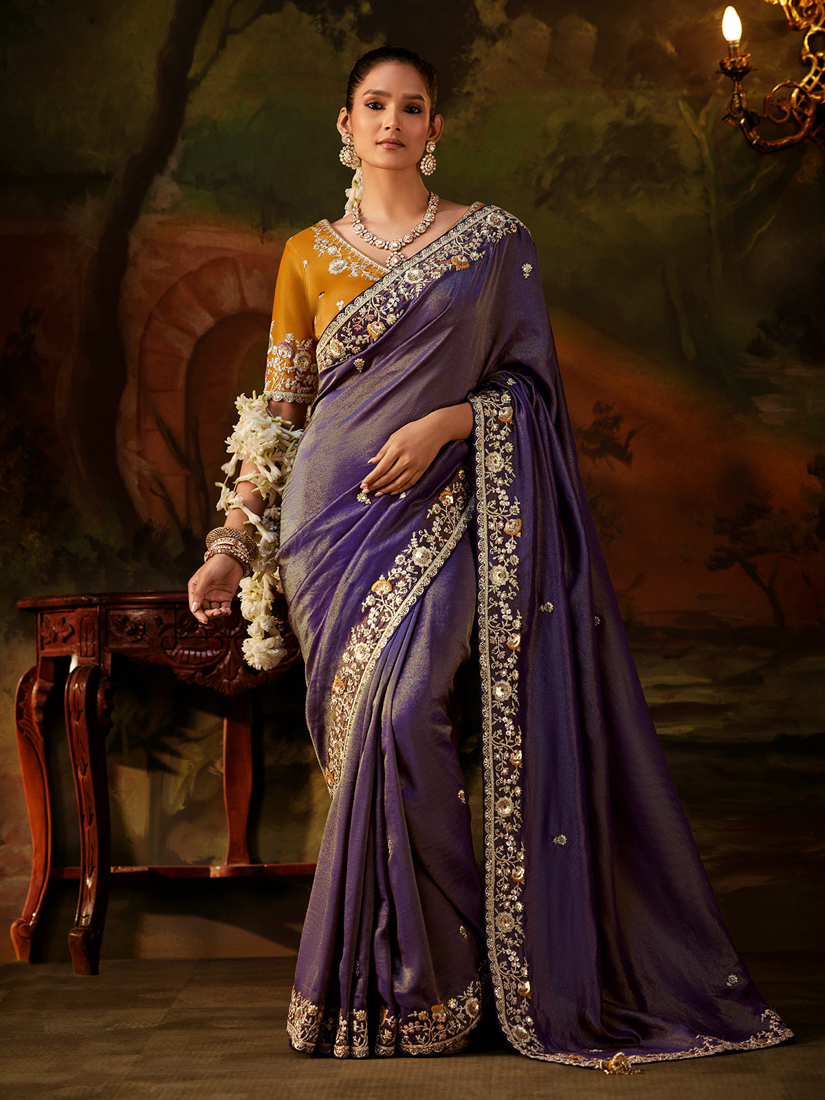 Purple floral zardosi tissue silk women saree