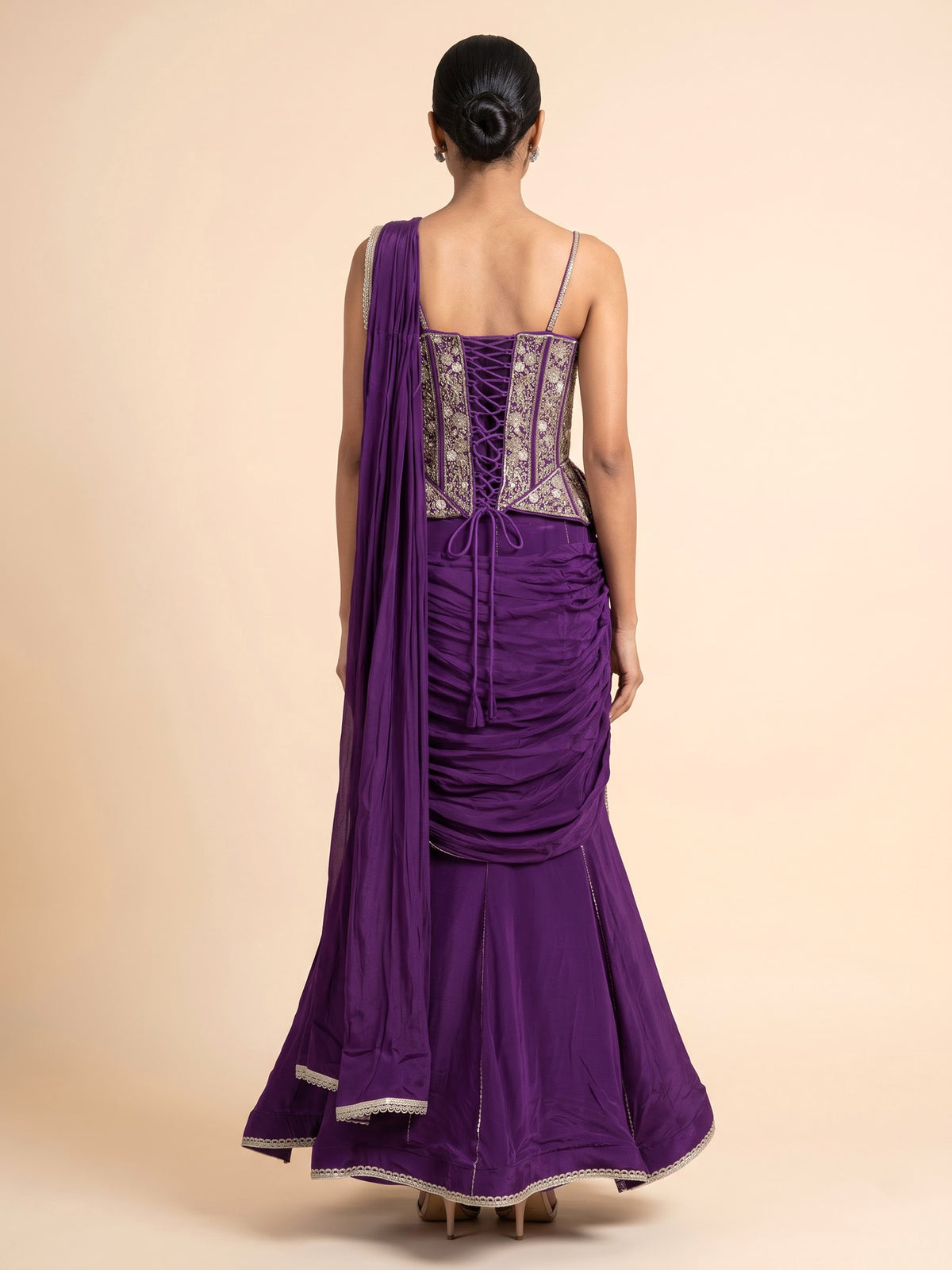 Violet purple satin crepe silk lehenga choli with sequin embellishments