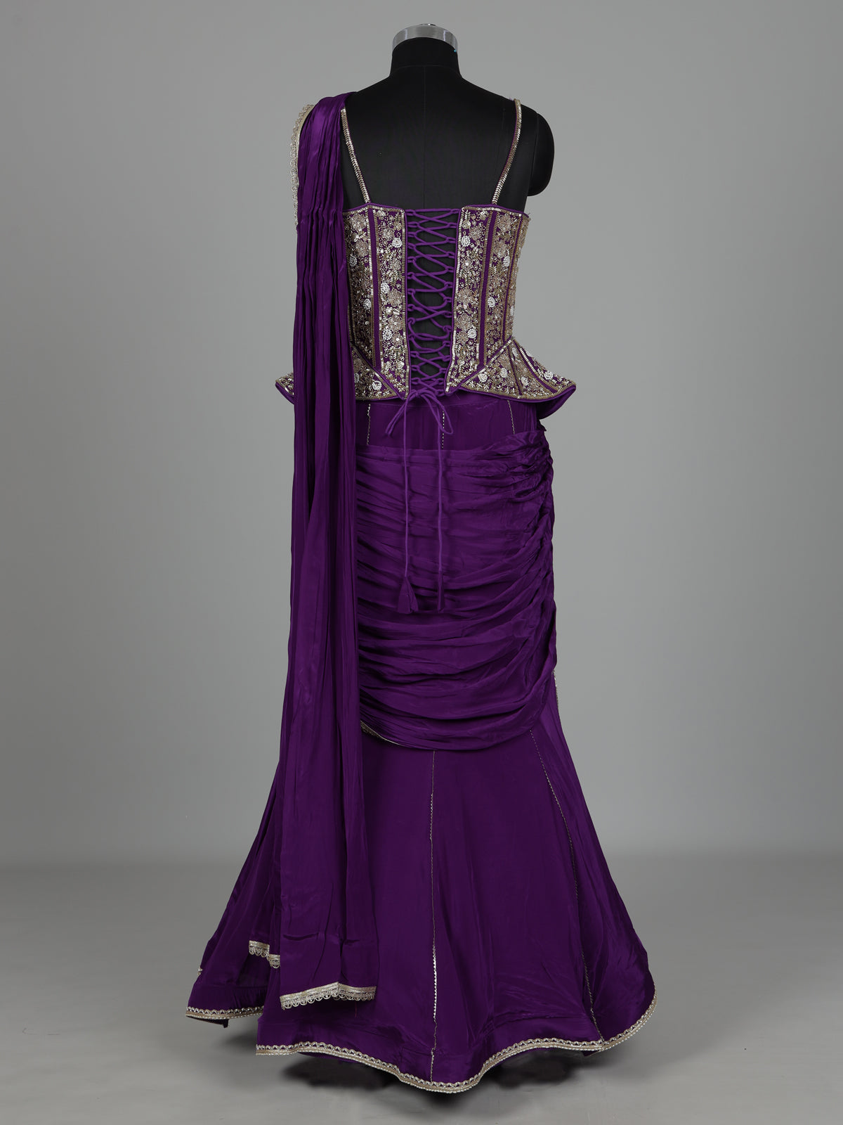 Violet purple satin crepe silk lehenga choli with sequin embellishments