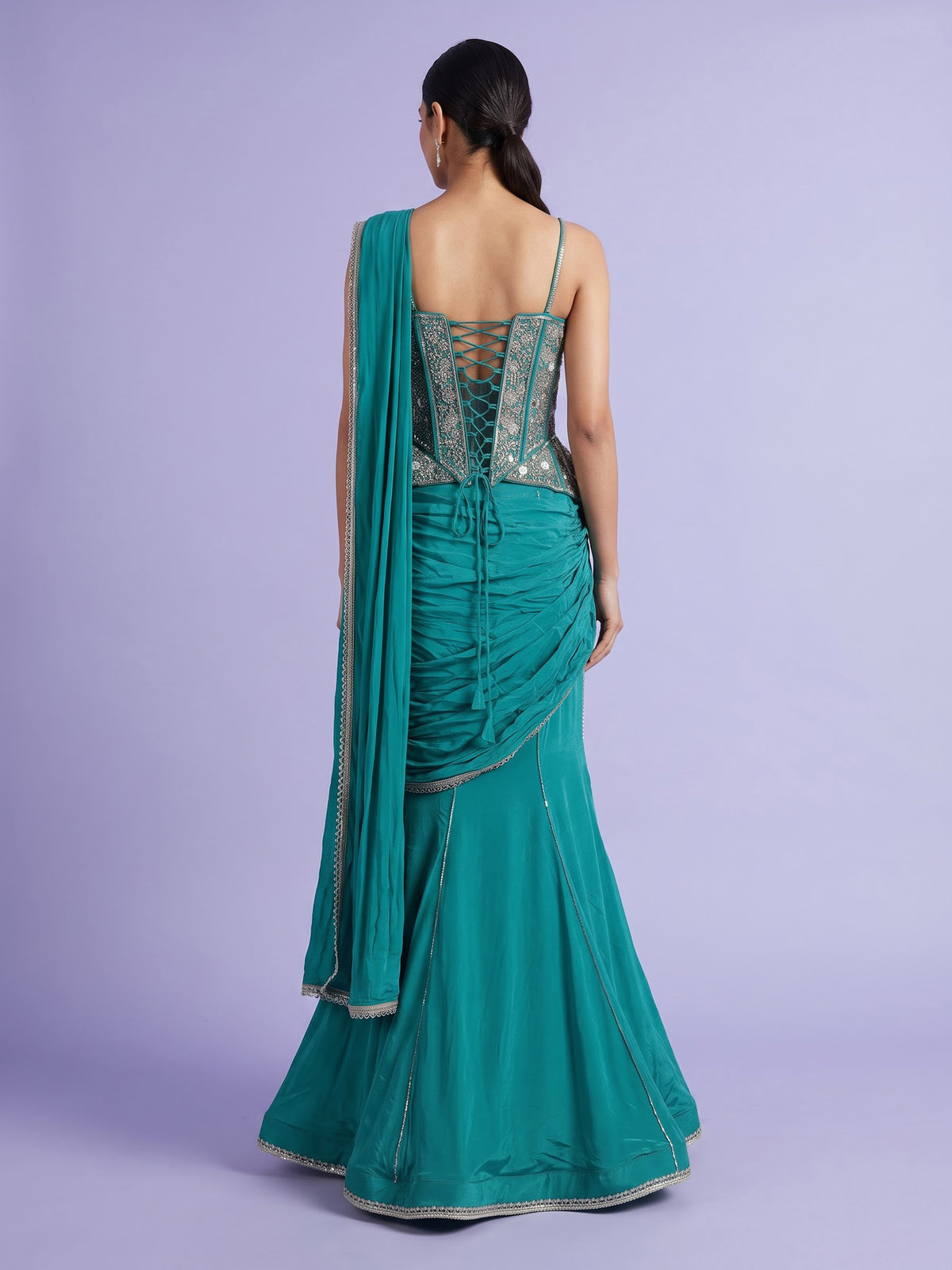 Aqua satin crepe silk lehenga choli with cutdana and gota work