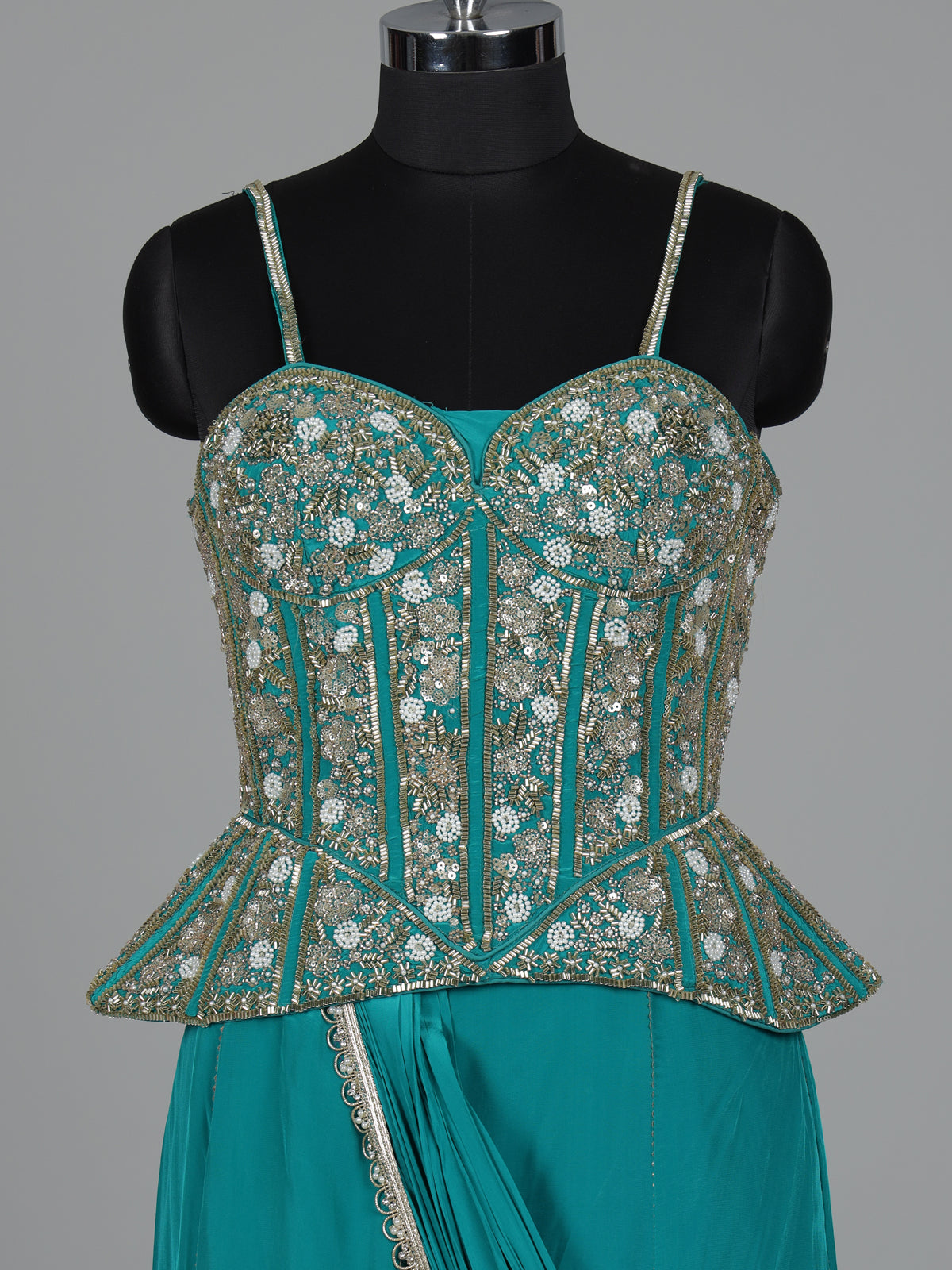 Aqua satin crepe silk lehenga choli with cutdana and gota work