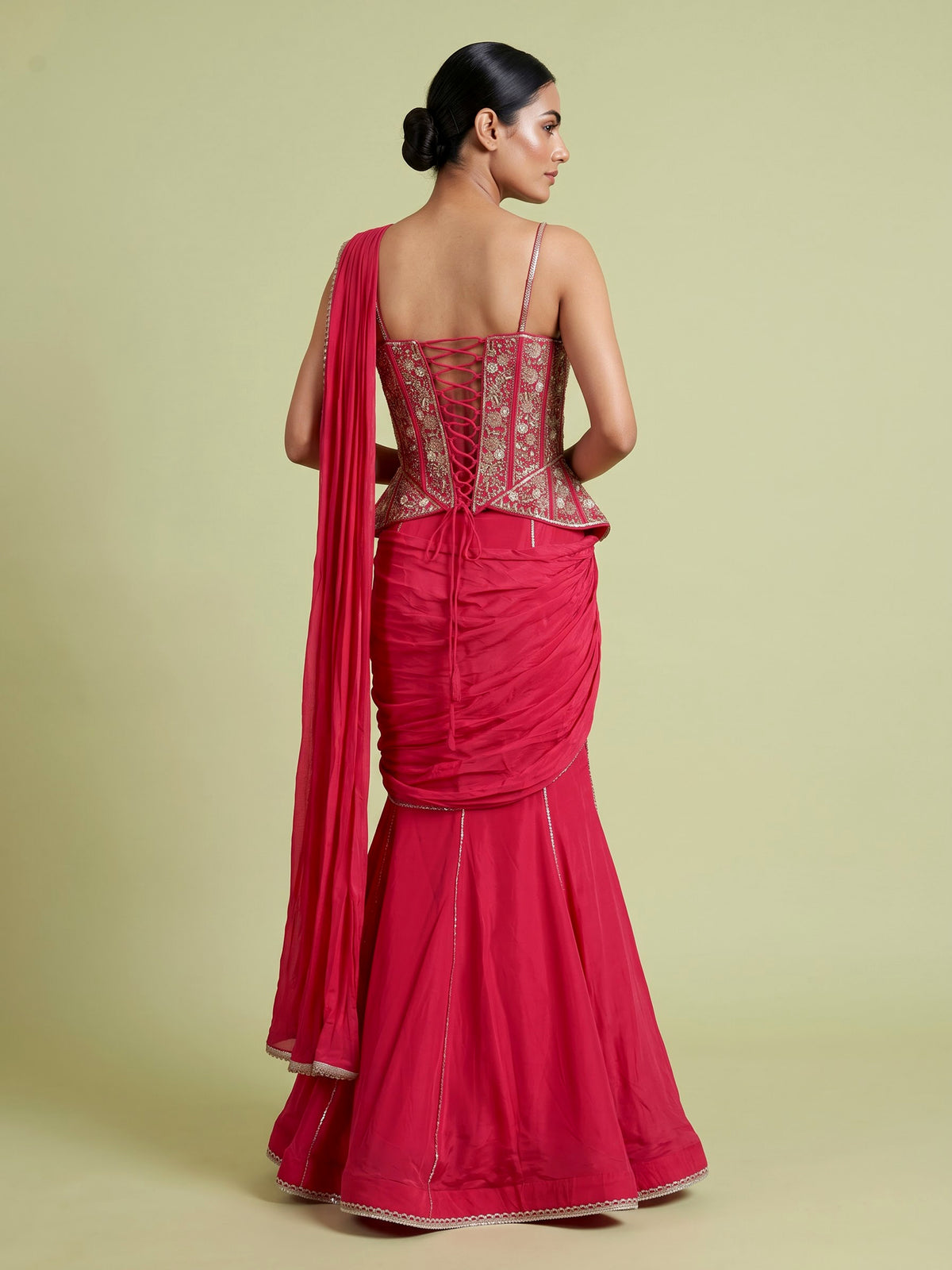 Rani pink satin crepe silk lehenga choli with gota embellishments