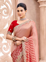 Pastel peach mughal arch embroidered women saree