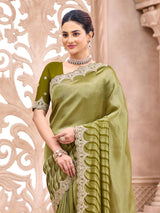 Pastel green embroidered mughal border women saree