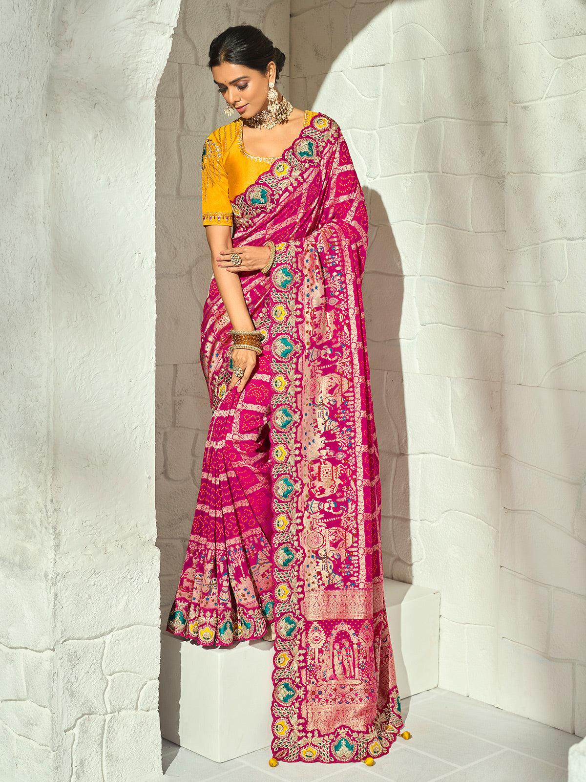 Rani pink leheriya peacock designer women bandhej saree