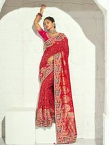 Red royal elephant brocade designer women bandhej saree
