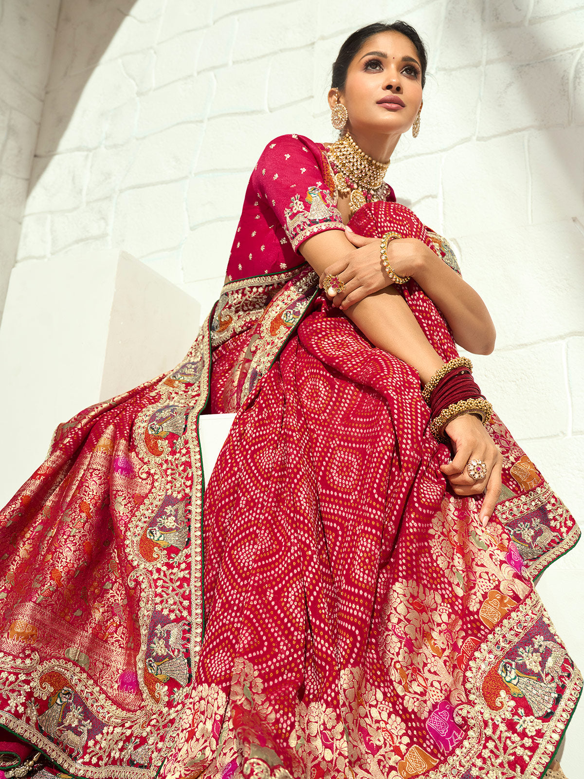 Red royal elephant brocade designer women bandhej saree