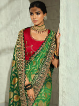 Green Mughal arch shikargah designer women bandhej saree