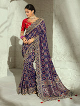 Blue patola kalka designer women bandhej bridal saree
