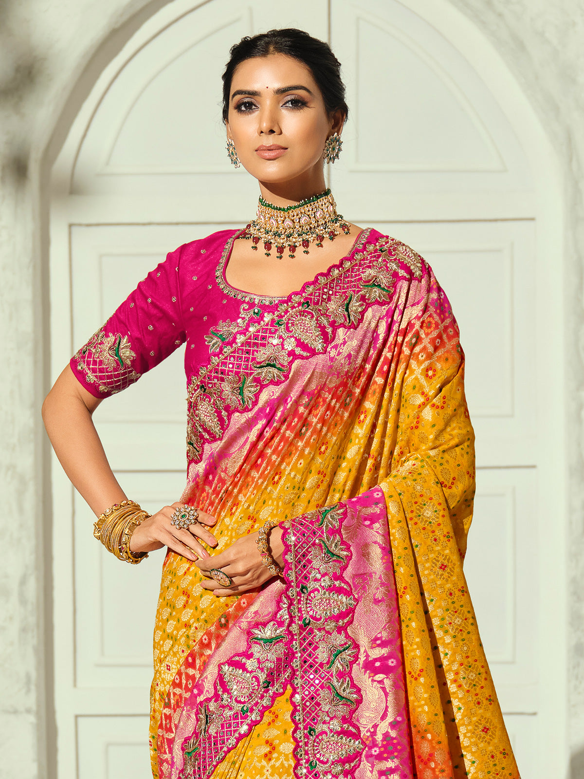 Yellow orange shaded elephant designer women bandhej saree