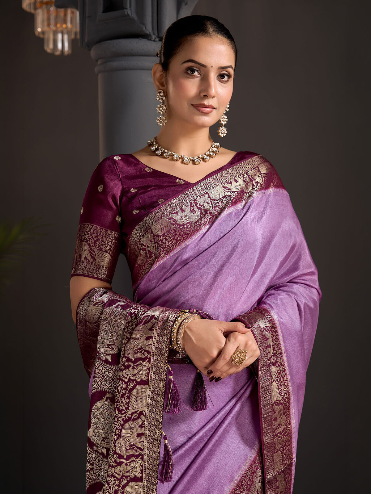 Purple floral paisley zari work women saree