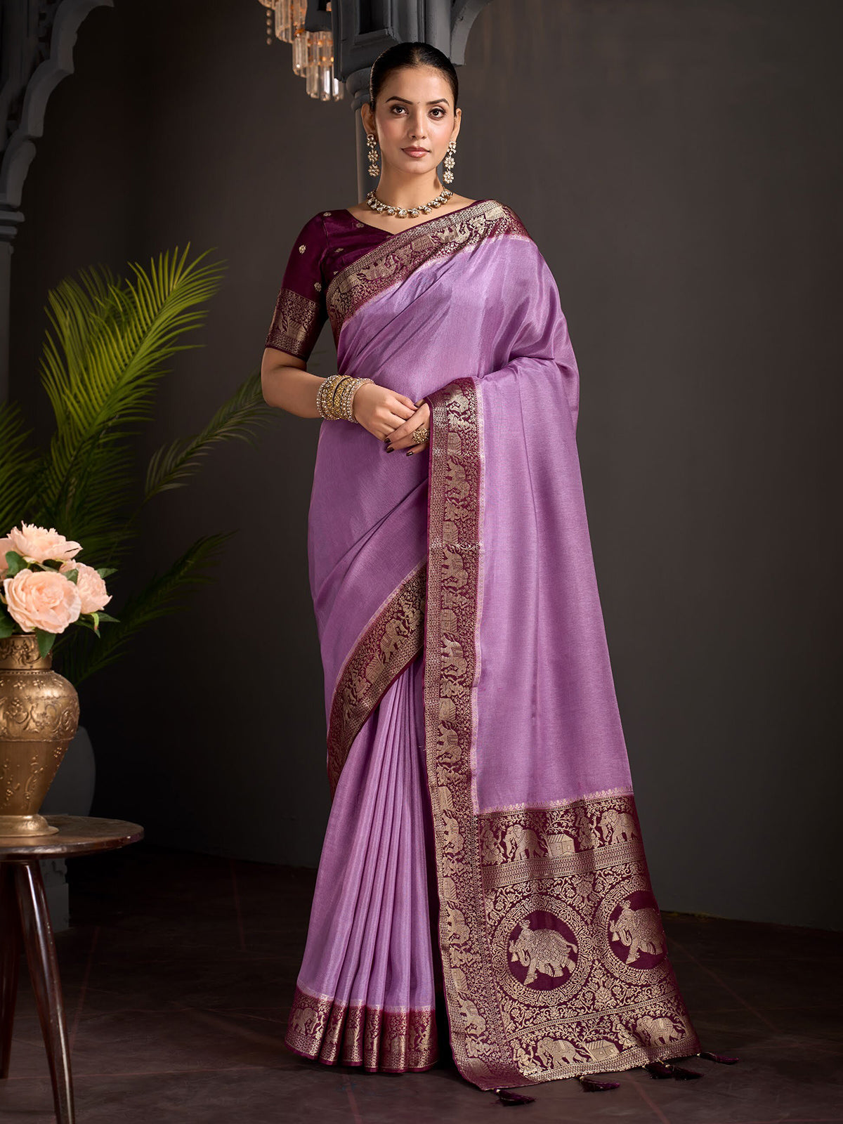 Purple floral paisley zari work women saree