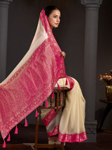 Cream peony paisley zari work women saree