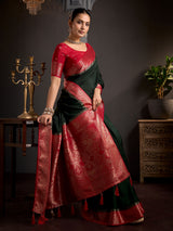 Deep green ornamental paisley women saree