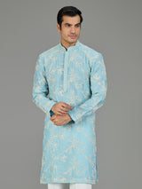 Sky blue floral zardosi men kurta suit