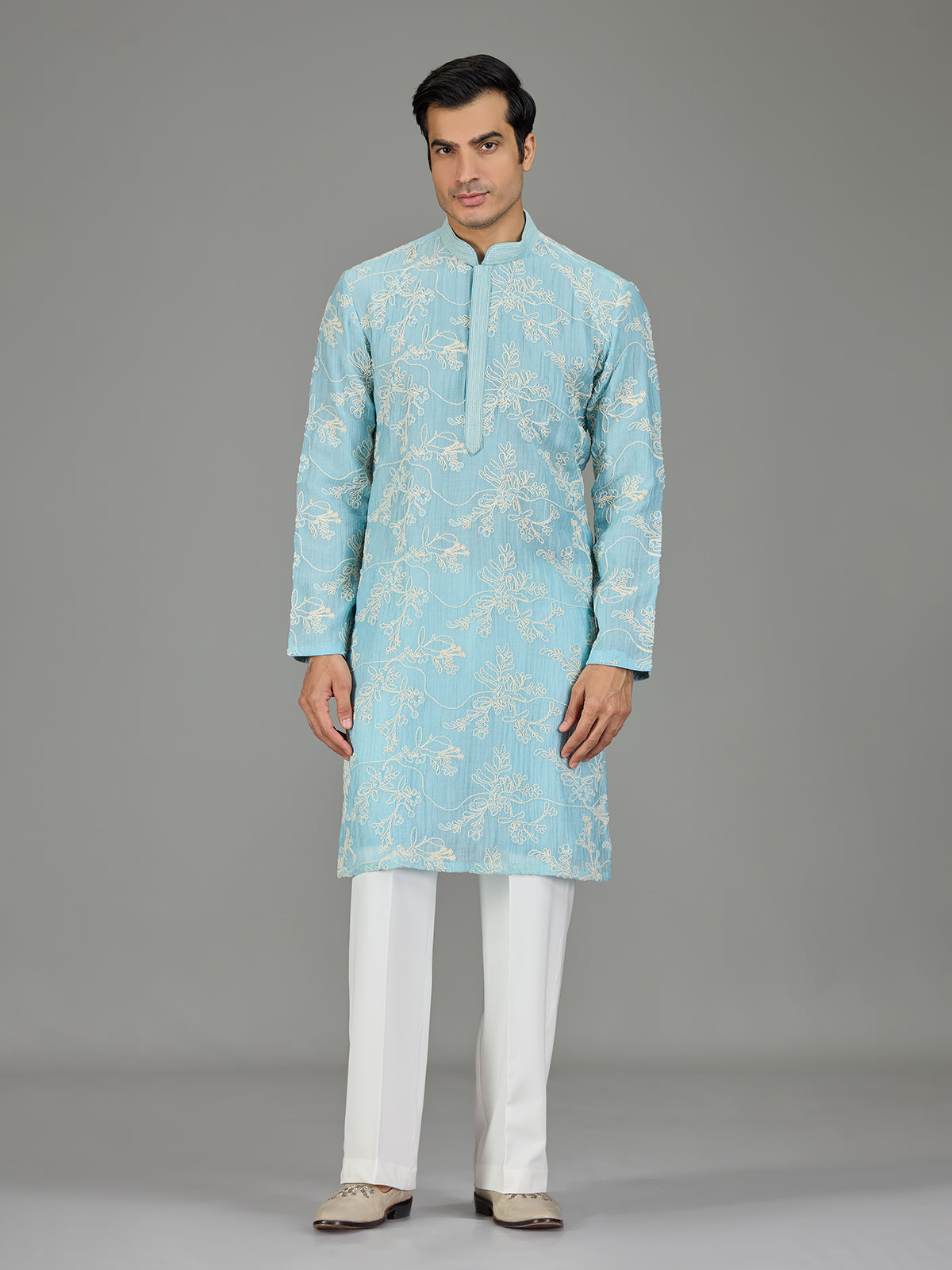 Sky blue floral zardosi men kurta suit