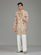 Beige royal scenery print men kurta suit