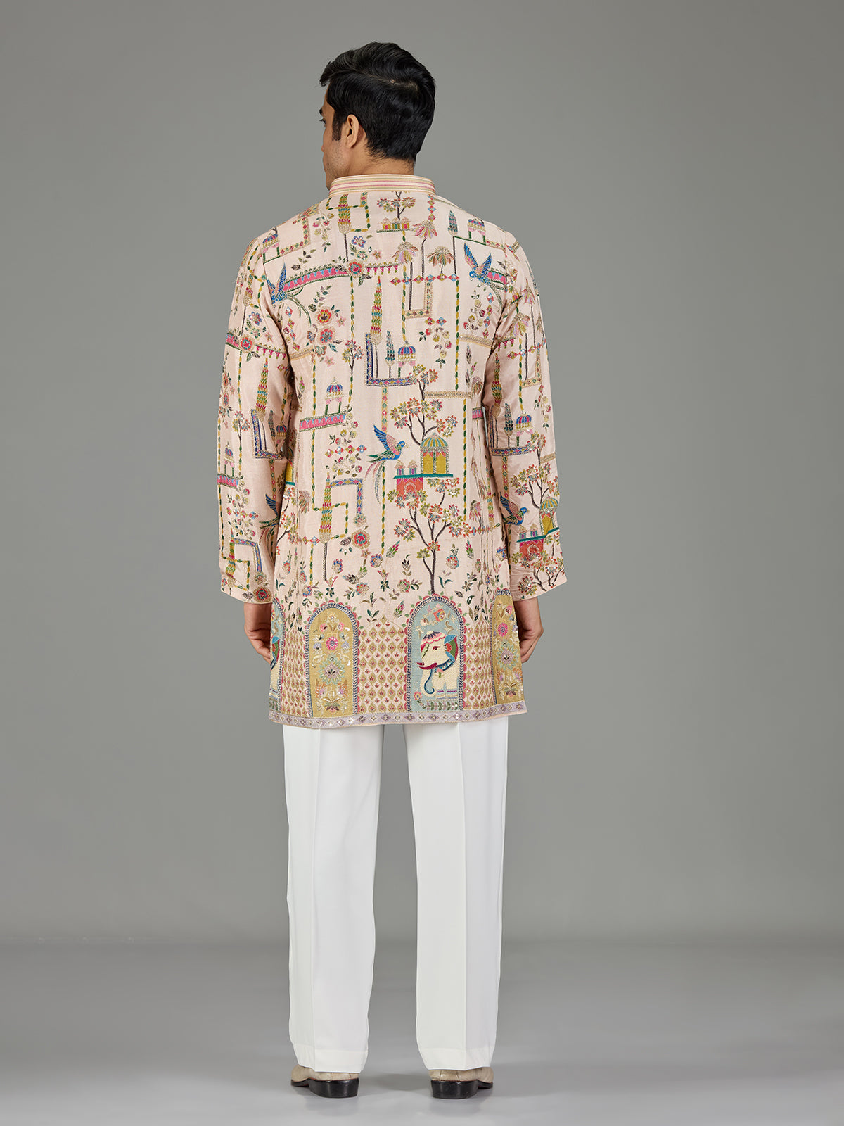 Beige royal scenery print men kurta suit