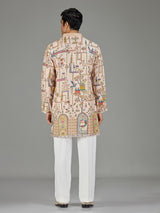 Beige royal scenery print men kurta suit
