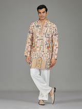 Beige royal scenery print men kurta suit