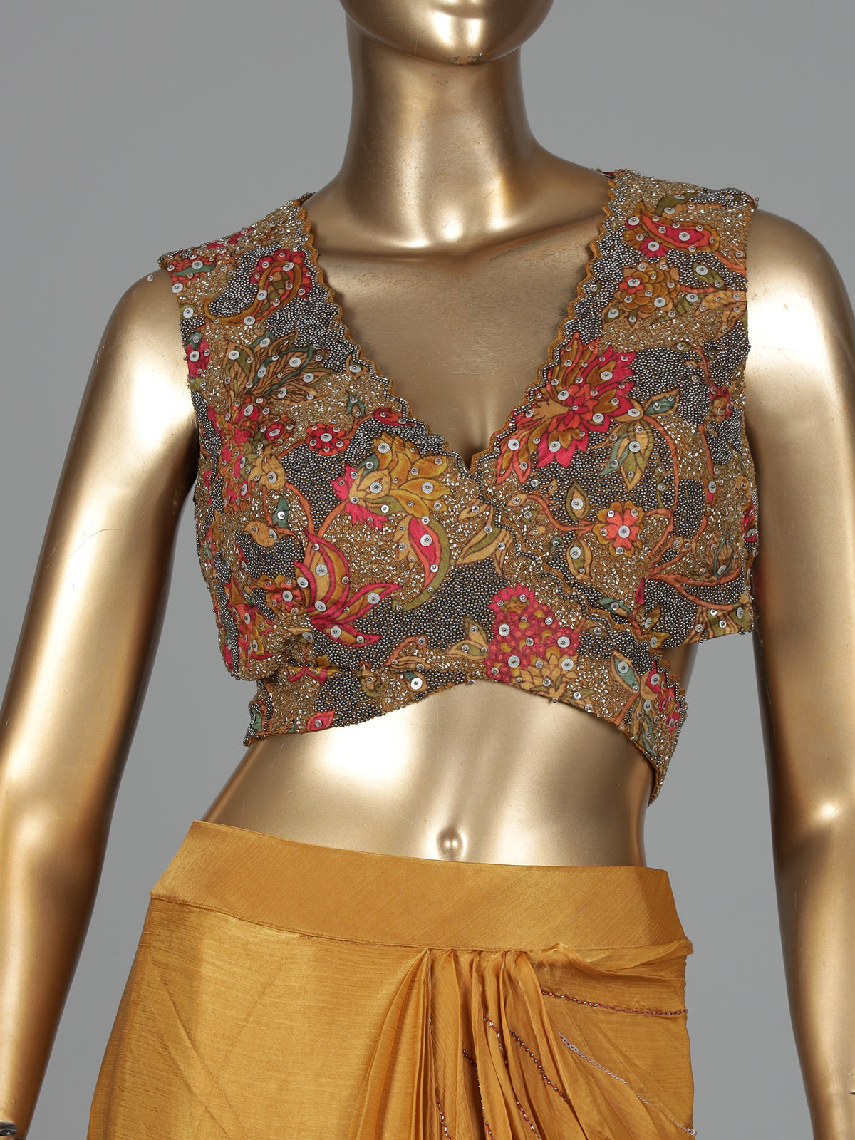 Mustard yellow sculpted drape designer women ready to wear saree