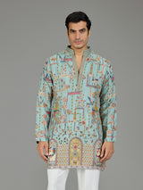 Blue heritage architecture print men kurta suit